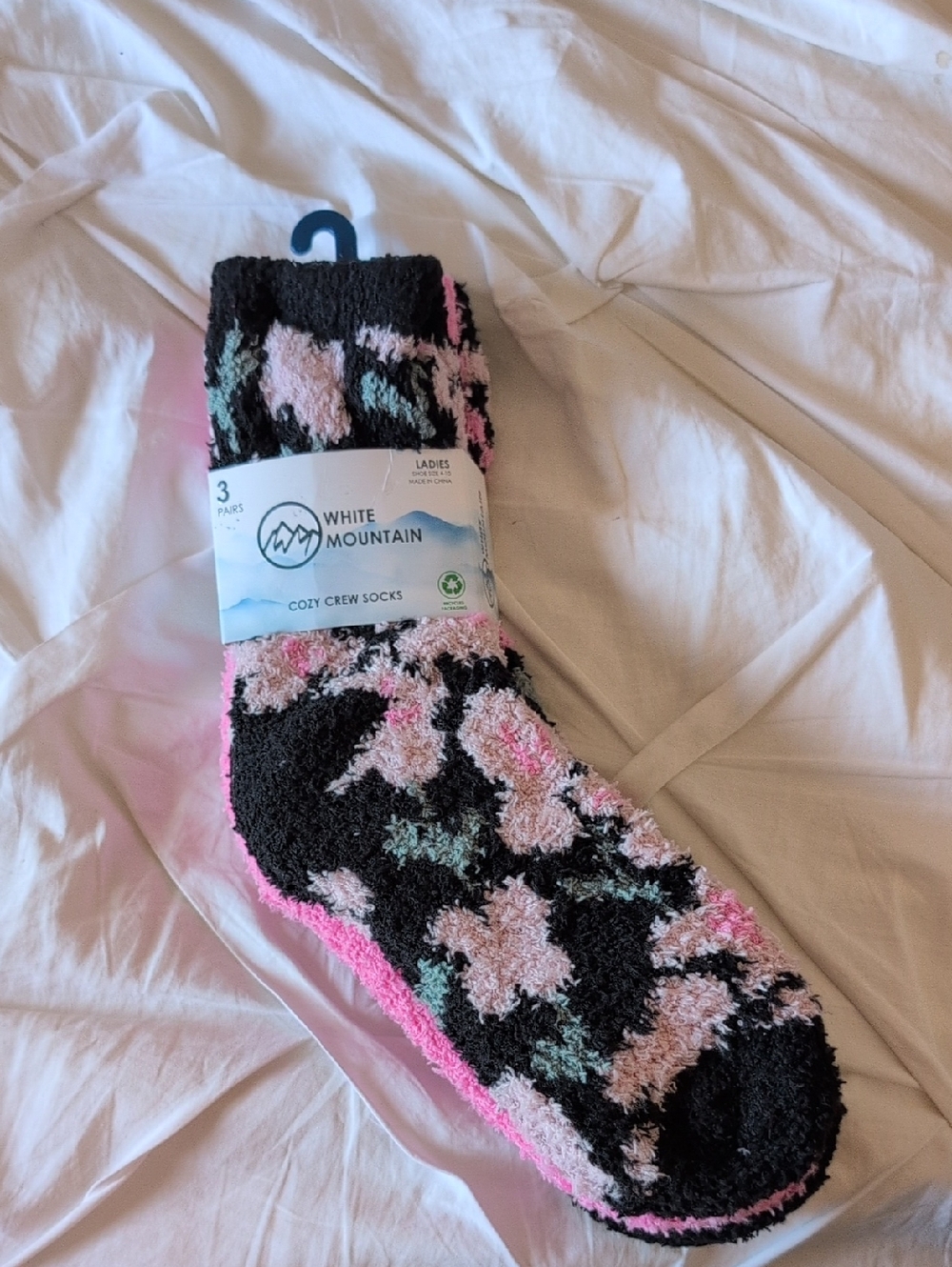White Mountain Black Fuzzy Crew Socks with Pink & Mint Pattern
